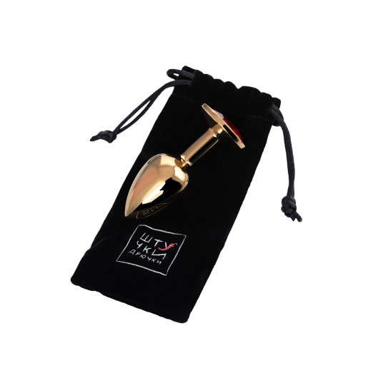 Золотистая гладкая коническая анальная пробка с красным кристаллом - 7 см.