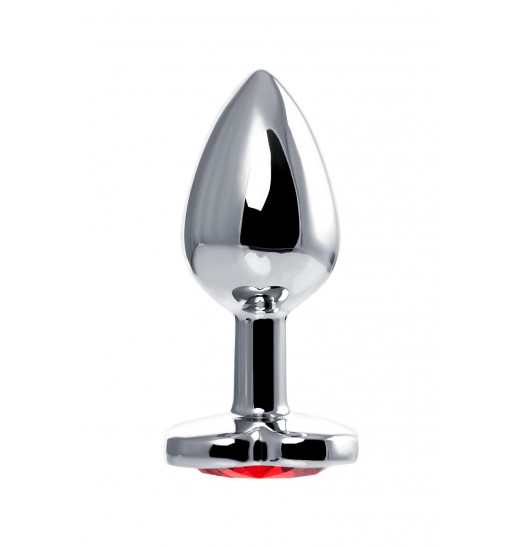 Серебристая гладкая коническая анальная пробка с красным кристаллом - 7 см.