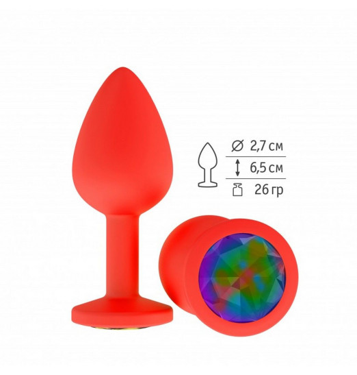 Красная анальная втулка с разноцветным кристаллом - 7,3 см.
