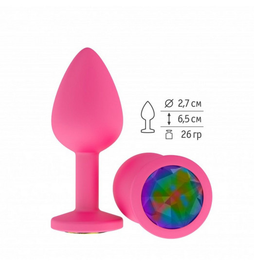 Розовая анальная втулка с разноцветным кристаллом - 7,3 см.