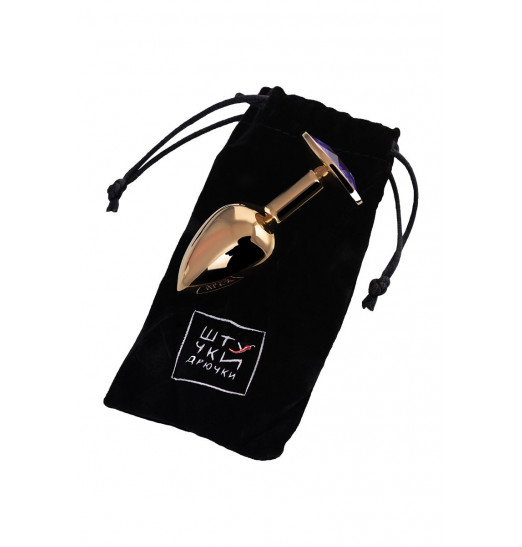 Золотистая анальная втулка с фиолетовым стразом - 7 см.