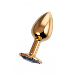 Золотистая гладкая анальная пробка с черным кристаллом - 7 см.