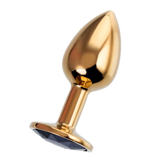 Золотистая гладкая анальная пробка с черным кристаллом - 7 см.