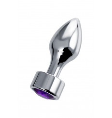 Серебристая анальная пробка с фиолетовым кристаллом - 9,5 см.