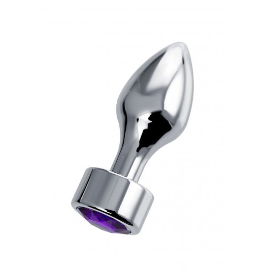 Серебристая анальная пробка с фиолетовым кристаллом - 9,5 см.