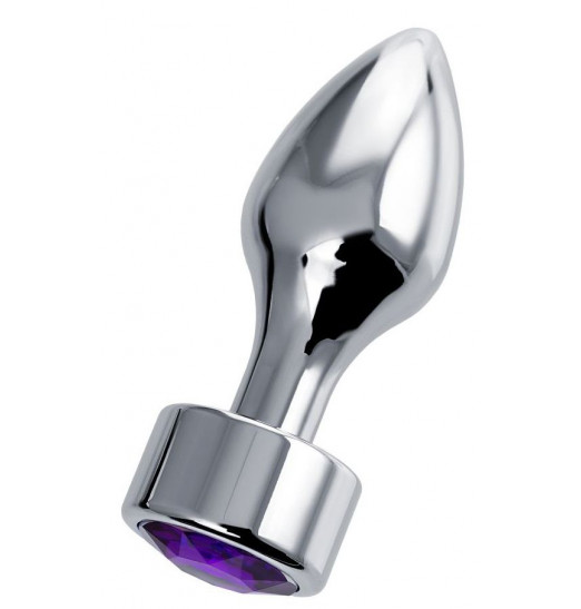 Серебристая анальная пробка с фиолетовым кристаллом - 9,5 см.