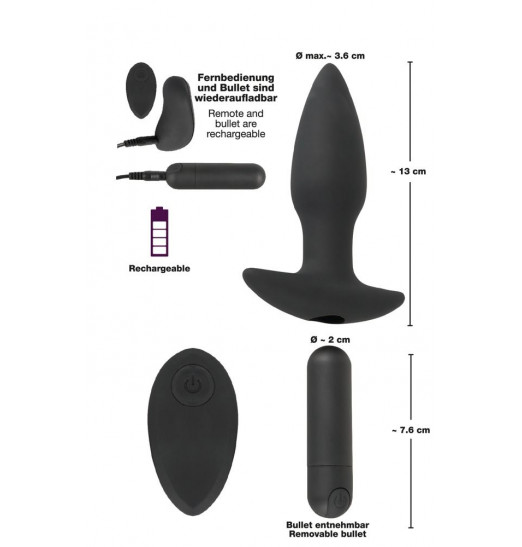 Черная анальная вибропробка с пультом ДУ Remote controlled Butt Plug - 13 см.