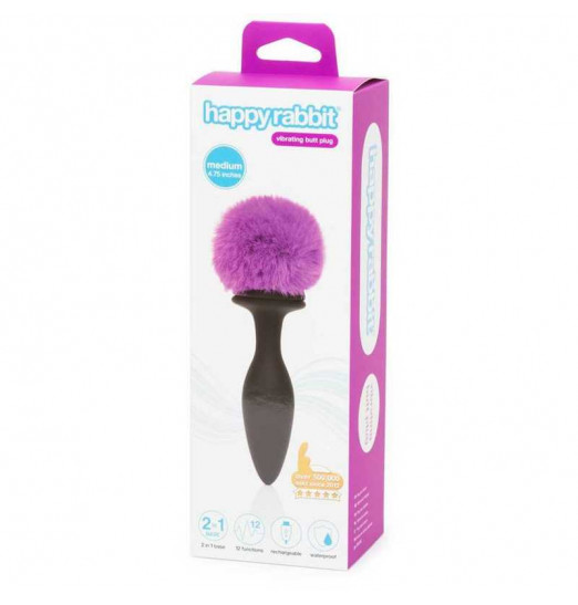 Черная анальная вибропробка Rechargeable Vibrating Bunny Tail Butt Plug Medium - 12 см.
