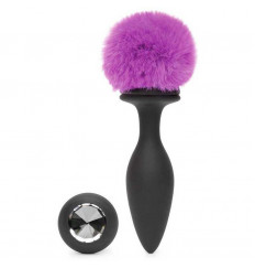 Черная анальная вибропробка Rechargeable Vibrating Bunny Tail Butt Plug Large - 14 см.