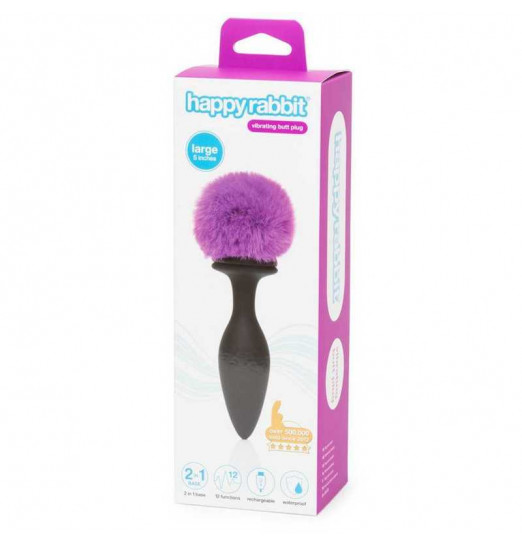 Черная анальная вибропробка Rechargeable Vibrating Bunny Tail Butt Plug Large - 14 см.
