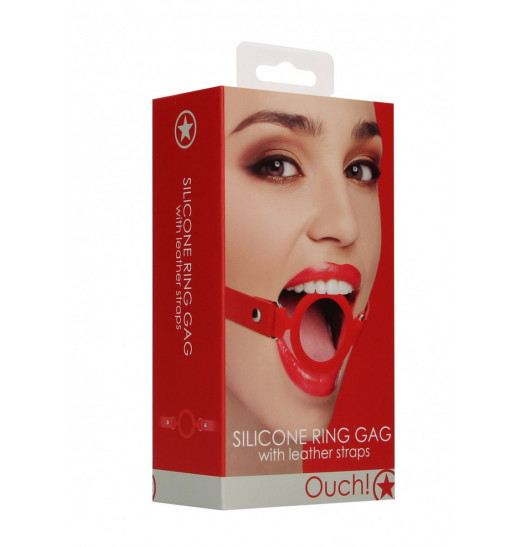 Красный кляп-кольцо с кожаными ремешками  Silicone Ring Gag with Leather Straps