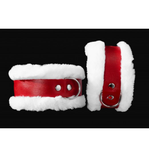 Бело-красные поножи из натуральной кожи с нежным мехом Бело-красные поножи из натуральной кожи с нежным мехом