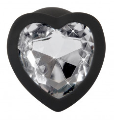 Черная силиконовая анальная пробка с прозрачным стразом-сердечком - 7,3 см.