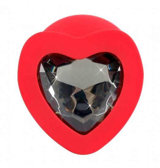 Красная силиконовая анальная пробка с черным стразом-сердечком - 9,3 см. Красная силиконовая анальная пробка с черным стразом-сердечком - 9,3 см.