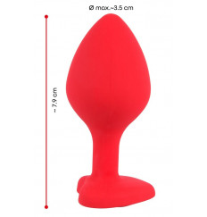 Красная силиконовая анальная пробка с черным стразом-сердечком - 7,9 см.