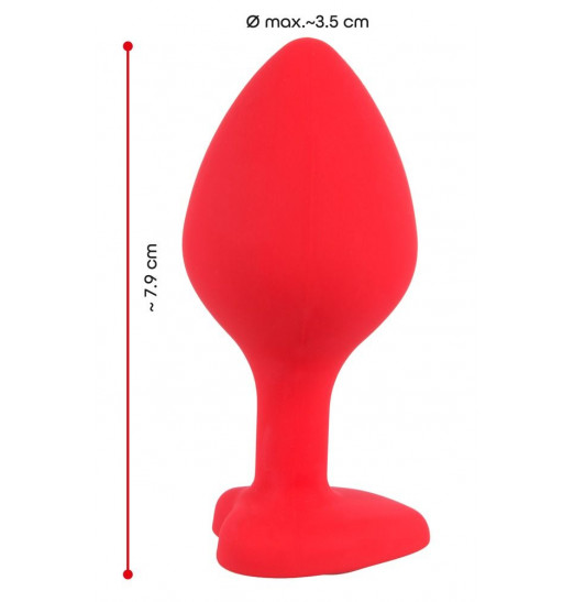 Красная силиконовая анальная пробка с черным стразом-сердечком - 7,9 см.