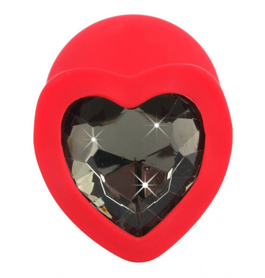 Красная силиконовая анальная пробка с черным стразом-сердечком - 7,9 см.