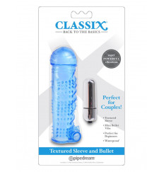 Синяя вибронасадка Textured Sleeve and Bullet - 14 см.