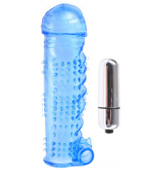 Синяя вибронасадка Textured Sleeve and Bullet - 14 см.