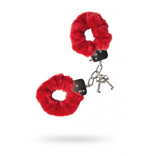 Красные меховые наручники с металлическим крепежом
