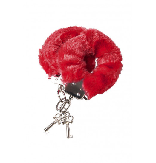Красные меховые наручники с металлическим крепежом