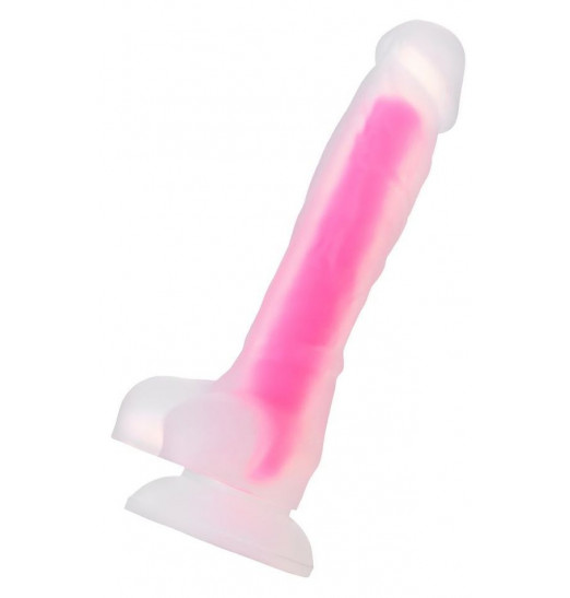 Прозрачно-розовый, светящийся в темноте фаллоимитатор  Не-Он  - 20 см.