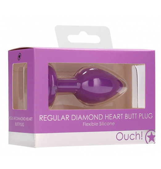 Фиолетовая анальная пробка с прозрачным стразом Diamond Heart Butt Plug - 7,3 см.