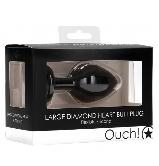 Черная анальная пробка с прозрачным стразом Large Ribbed Diamond Heart Plug - 8 см.