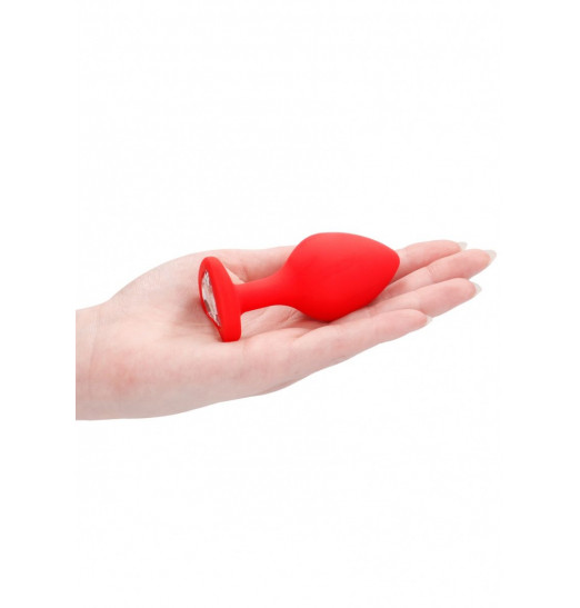 Красная анальная пробка с прозрачным стразом Large Ribbed Diamond Heart Plug - 8 см.