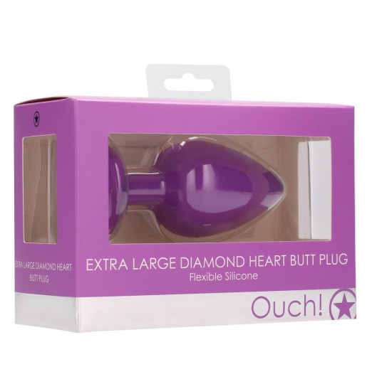 Фиолетовая анальная пробка с прозрачным стразом Extra Large Diamond Heart Butt Plug - 9,5 см.