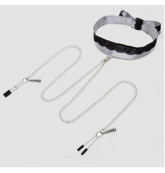 Атласный ошейник с зажимами для сосков Play Nice