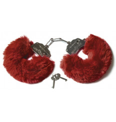 Шикарные бордовые меховые наручники с ключиками