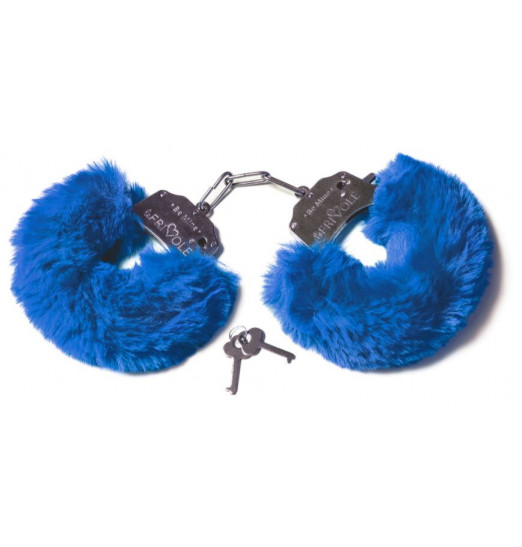 Шикарные синие меховые наручники с ключиками