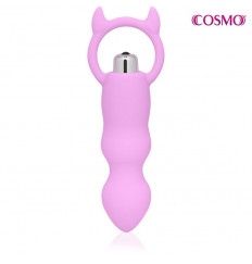 Розовый рельефный вибромассажер с рожками - 12 см.