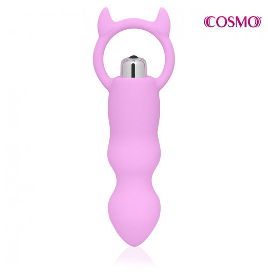 Розовый рельефный вибромассажер с рожками - 12 см. Розовый рельефный вибромассажер с рожками - 12 см.