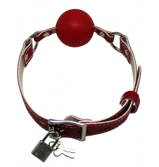 Красный силиконовый кляп-шарик с фиксацией и замочком