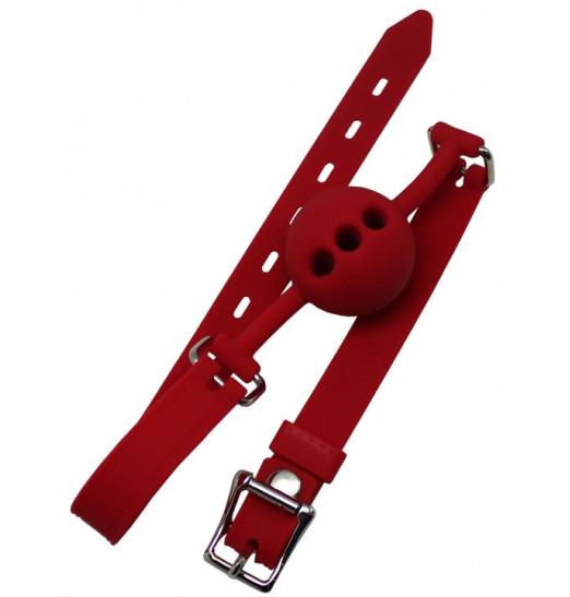 Красный дышащий силиконовый кляп-шарик с фиксацией и замочком