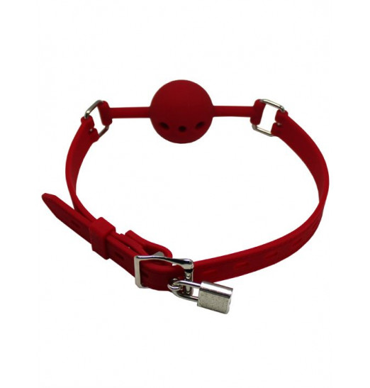 Красный дышащий силиконовый кляп-шарик с фиксацией и замочком