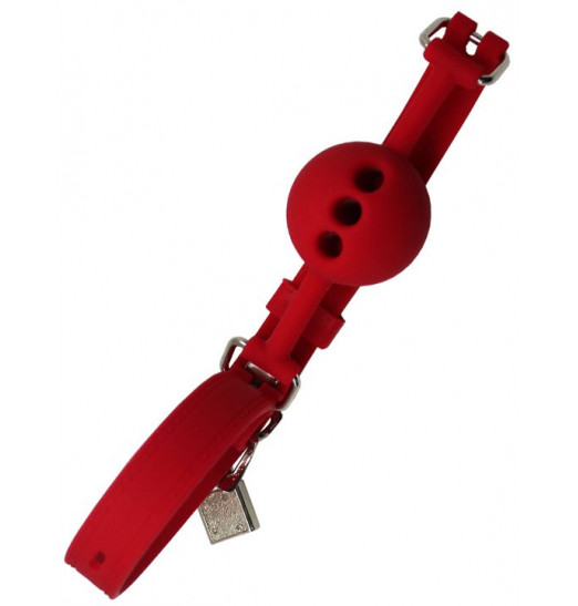 Красный дышащий силиконовый кляп-шарик с фиксацией и замочком