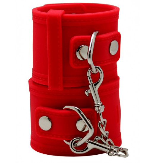 Красные силиконовые наручники с фиксацией и ключиком