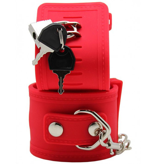Красные силиконовые наручники с фиксацией и ключиком