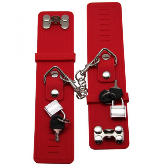 Красные силиконовые наручники с фиксацией и ключиком
