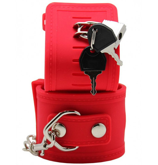 Красные силиконовые наручники с фиксацией и ключиком