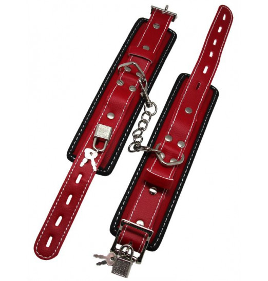 Красно-черные регулируемые наручники с фиксацией на карабинах Красно-черные регулируемые наручники с фиксацией на карабинах