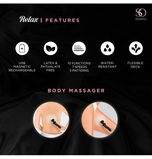 Черный вибратор So Divine Relax Portable Massage Wand - 24 см.