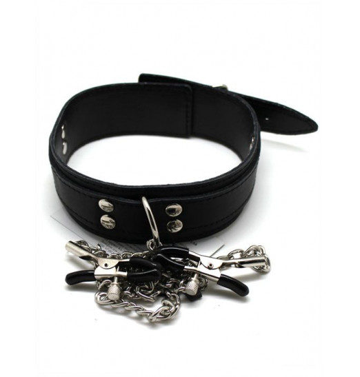 Черный ошейник с серебристыми зажимами для сосков