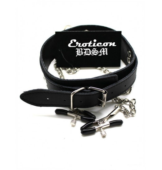 Черный ошейник с серебристыми зажимами для сосков