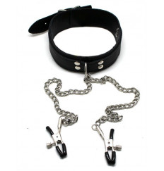 Черный ошейник с серебристыми зажимами для сосков