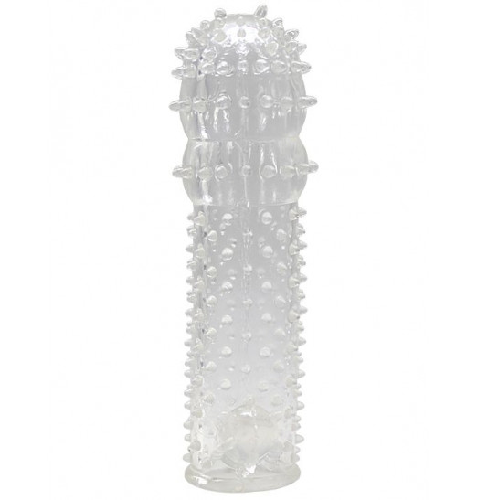 Прозрачная пупырчатая насадка на фаллос с язычком - 12,5 см.