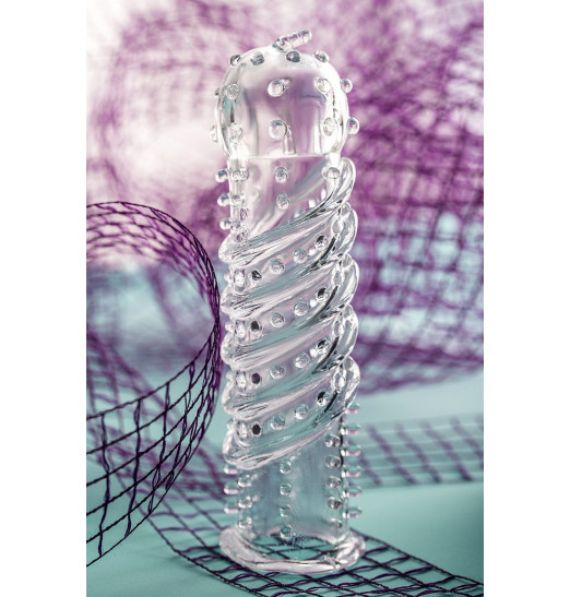 Прозрачная рельефная насадка на пенис - 15,3 см.